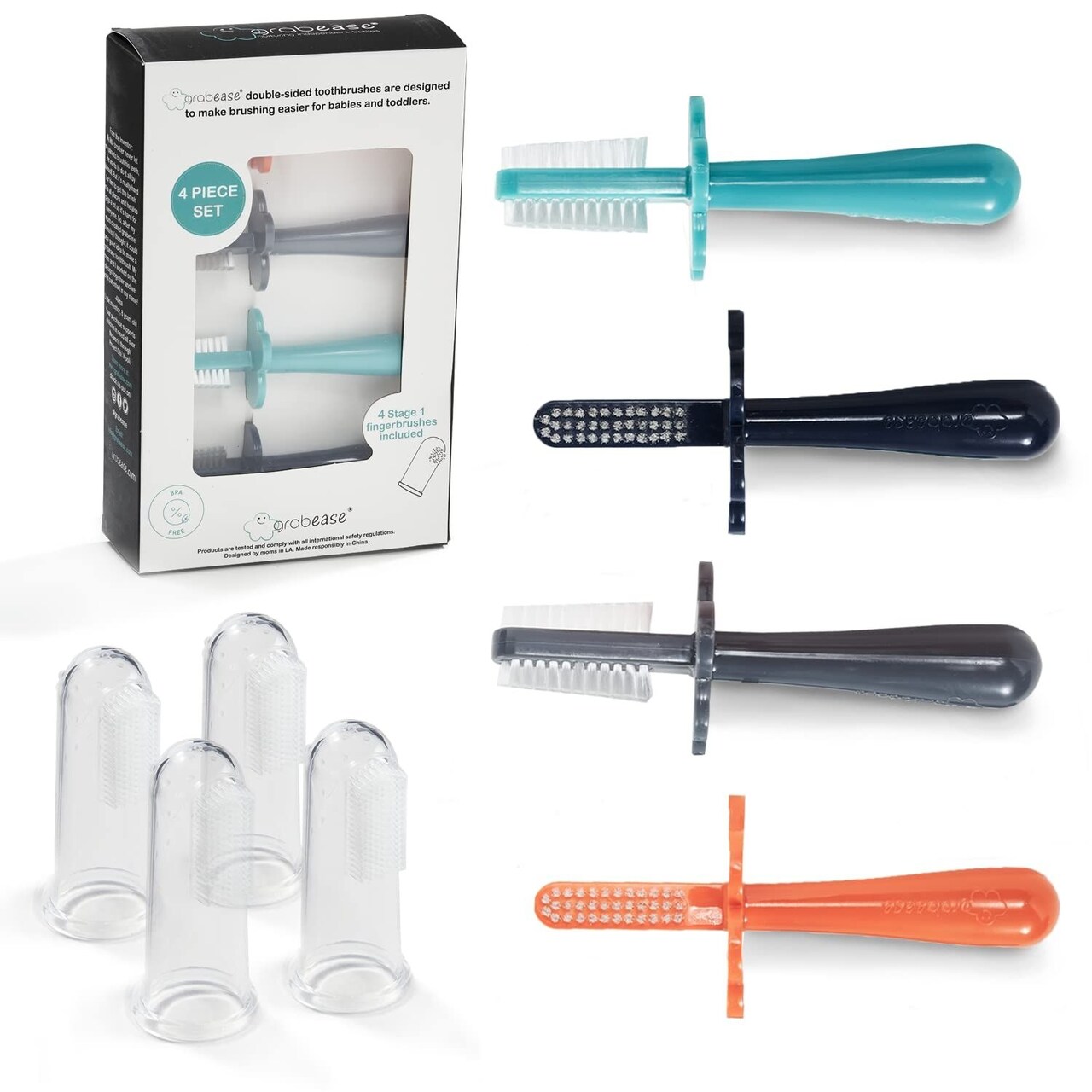 Grabease Baby Toothbrush Double Sided - Training Finger Toothbrush for Toddler Infant, BPA-Free & Phthalate-Free for Baby & Toddler, 4 pack, Navy, Gray, Orange, Teal